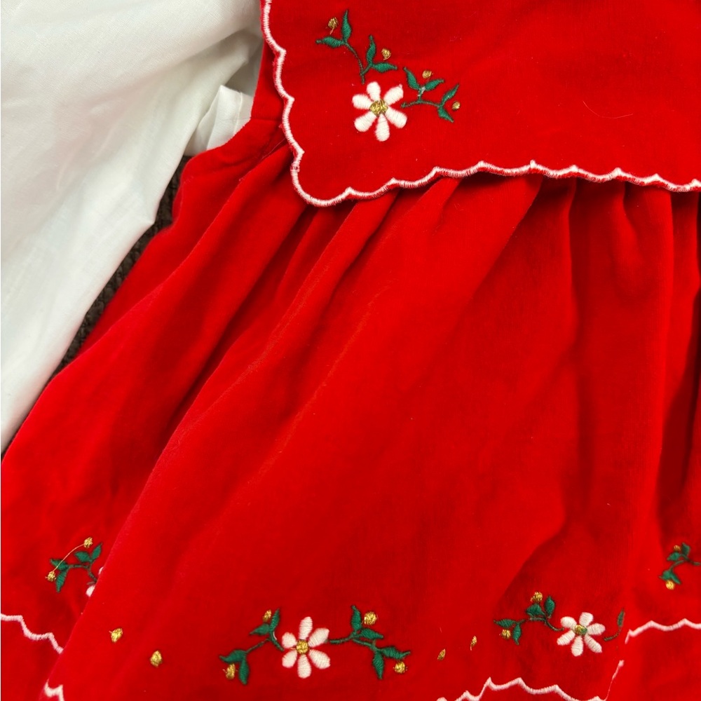 Vintage Red Velvet Baby Dress Set 12M Embroidered Heirloom Floral Outfit - Picture 2 of 8